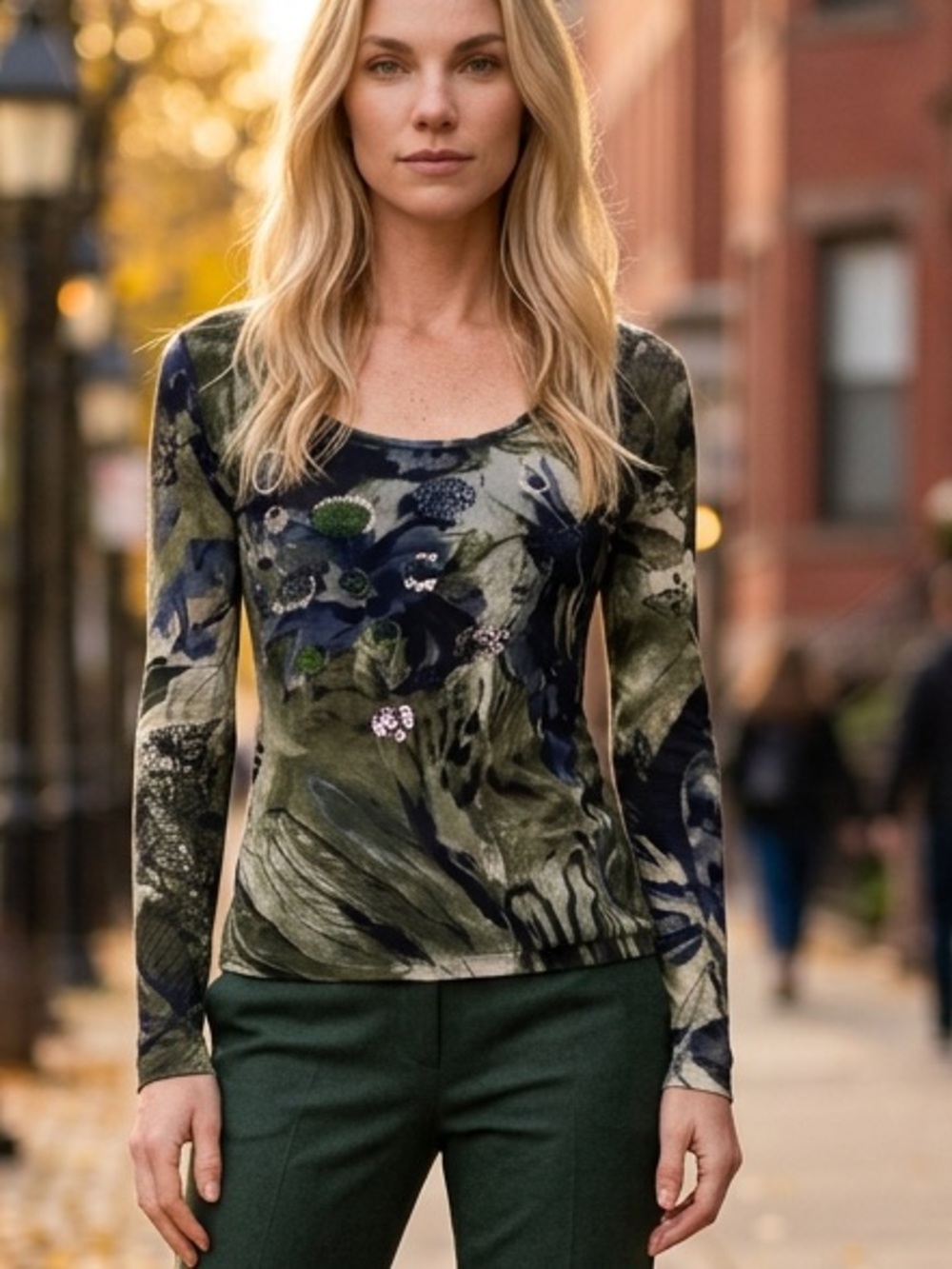 Women's Olive Green Floral Long-Sleeve Scoop Neck Top